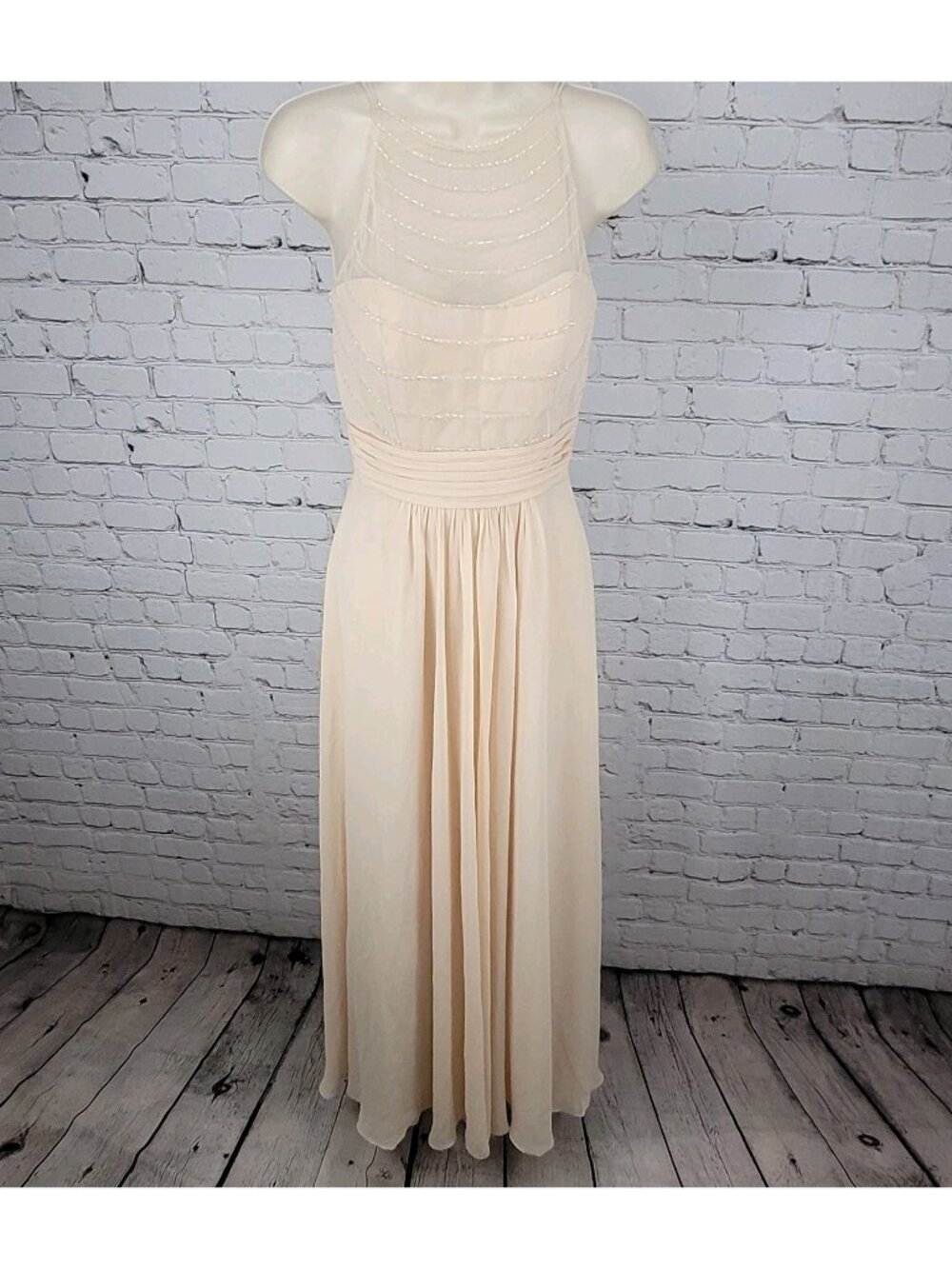 Belsoie Cream Chiffon Beaded Strappy Empire Waist Bridesmaid Dress Gown Size 4